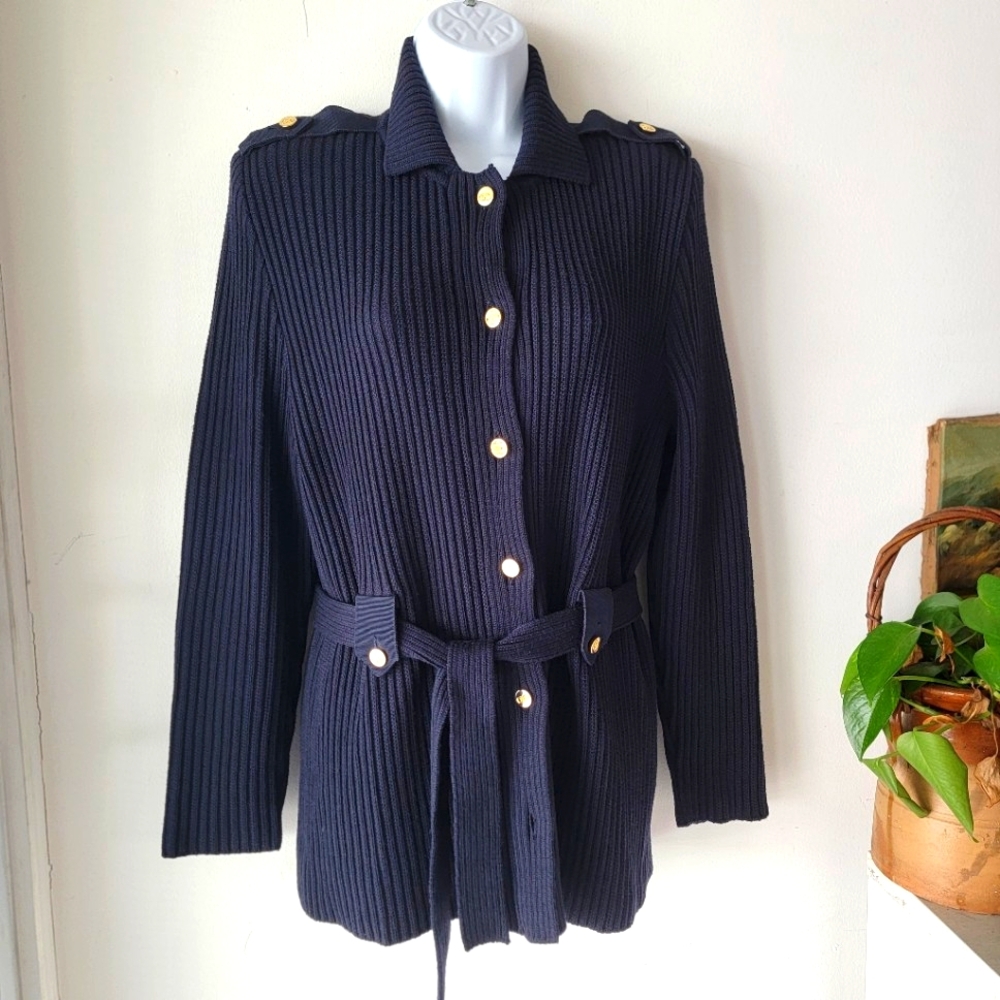 Salvatore ferragamo Women's Collared Long Sleeve Cardigan, Blue Size XL
